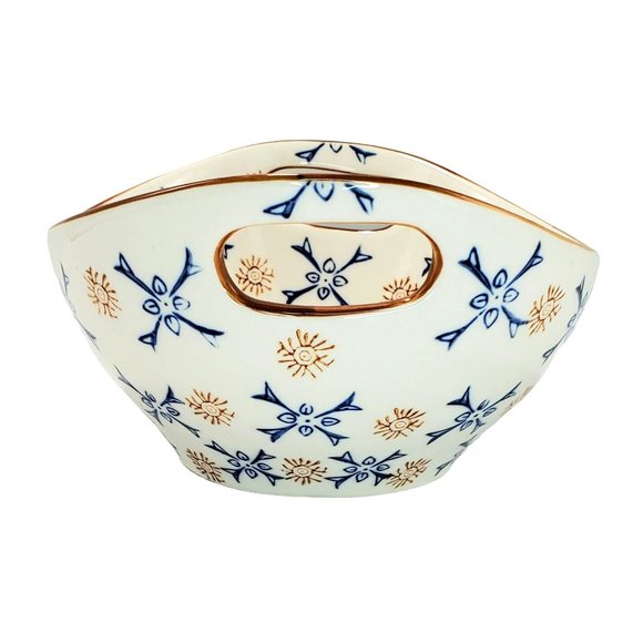 Temptations Atomic Flower Oval Vegetable Serving Bowl Blue/Gold/Ivory - Picture 4 of 8